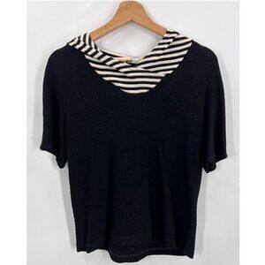 Kate Perelli Black/White Striped Hoodie Top Short Sleeves Women's M Medium